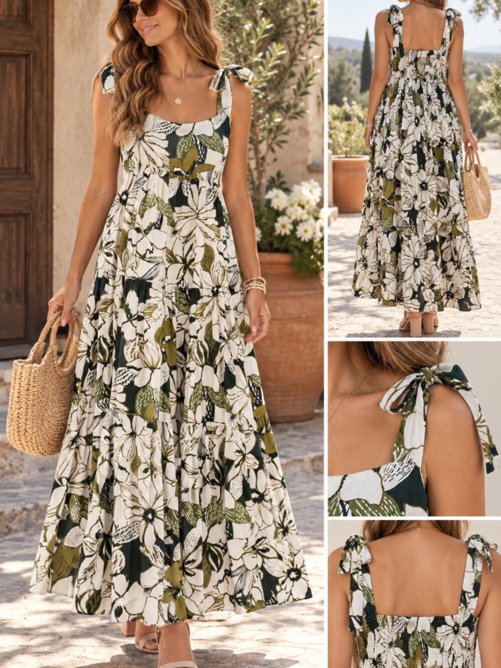 DRESS FORUM Floral Maxi Dress Smocked Back Tie Shoulder 3-Tier Boho Size S